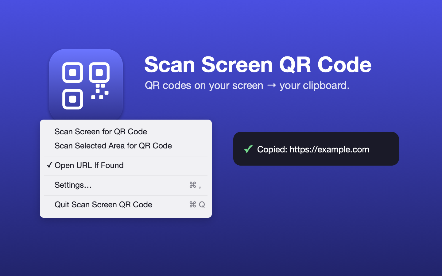 Scan Screen QR Code running in the macOS menu bar